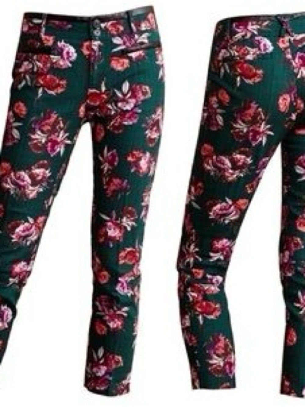 Anthropology Cartonnier Green Floral Ankle Crop Pants with Pink Roses